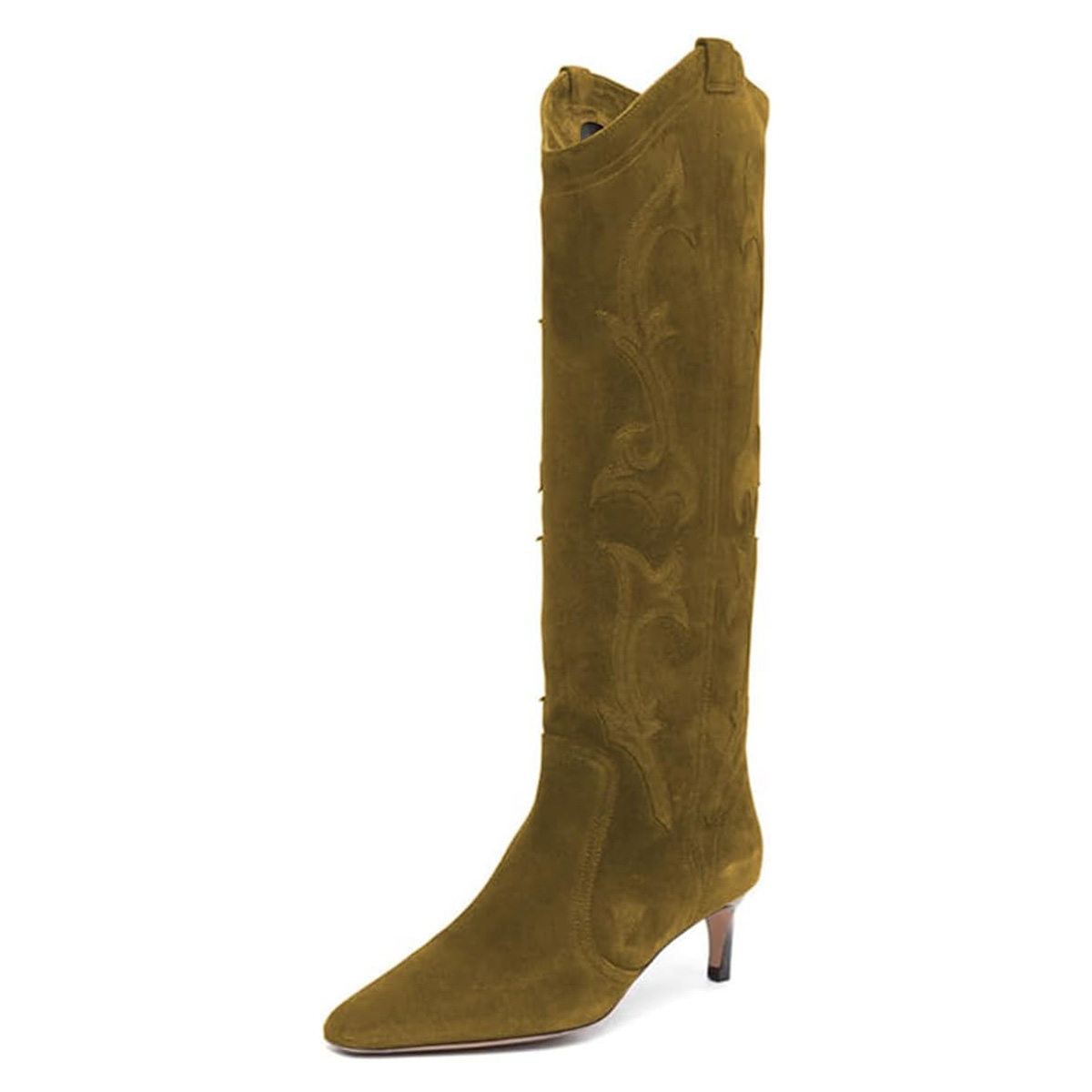 Olive Pull-On Snip Toe Kitten Heel Knee High Boots with Embroidery Nicepairs
