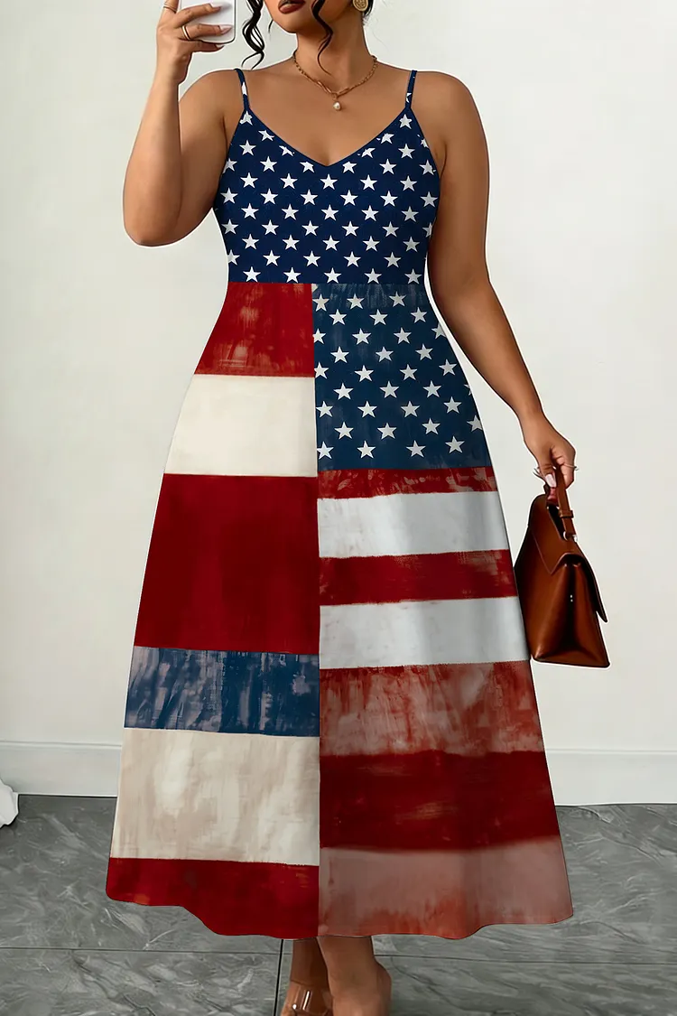 Plus Size Casual Blue Cami American Flag Graphic Print Colorblock Midi Dress 2024 - Xpluswear