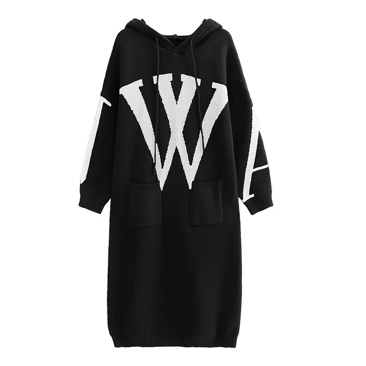 Stylish Loose Hooded Letter Weave Pocket Long Sleeve Knitting Dress