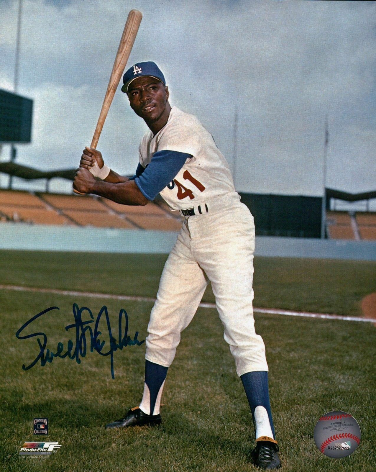 Sweet Lou Johnson Signed 8X10 Photo Poster painting Autograph Dodgers Pose w/Bat Left Auto w/COA