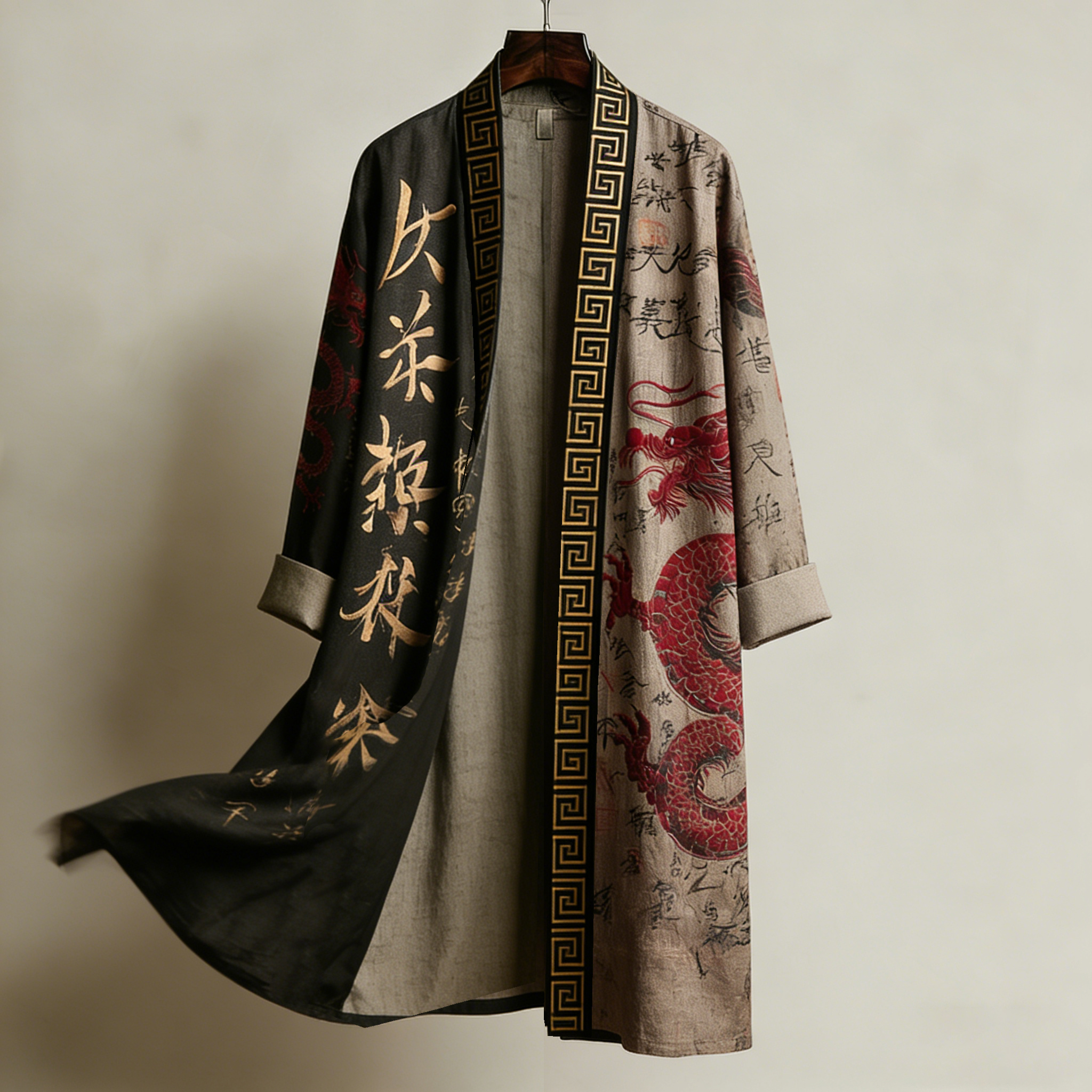 Retro Calligraphy And Dragon Pattern Linen Long Kimono  artssus