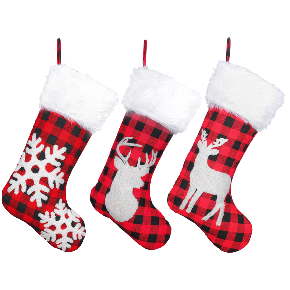 

Christmas Stockings Candy Apple Sock Plush Plaid Fabric Xmas Tree Gift Bag, Deer, 501 Original