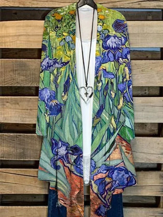 Women's Van Gogh Oil Painting Irises Print Casual Cardigan