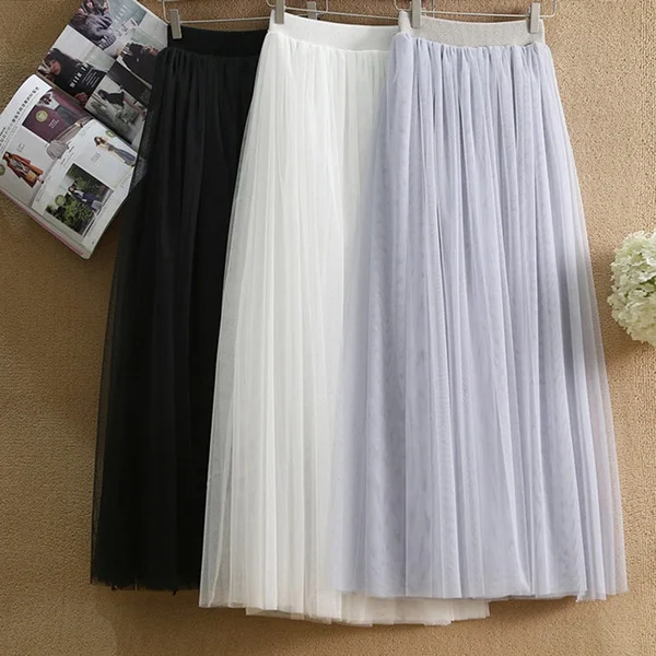 Tulle Skirts Women Spring Summer Elastic High Waist Long Mesh Skirt Womens Tutu Maxi Pleated Skirt Fashion