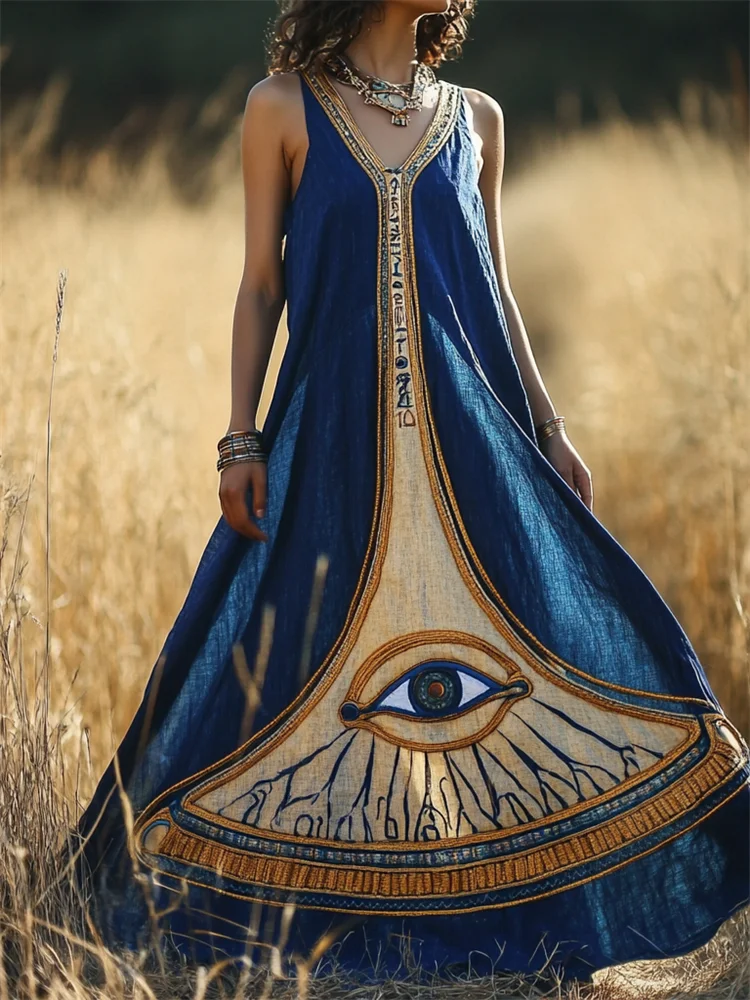 Eye Of Horus Ancient Egyptian Embroidered Flowy Linen Maxi Dress