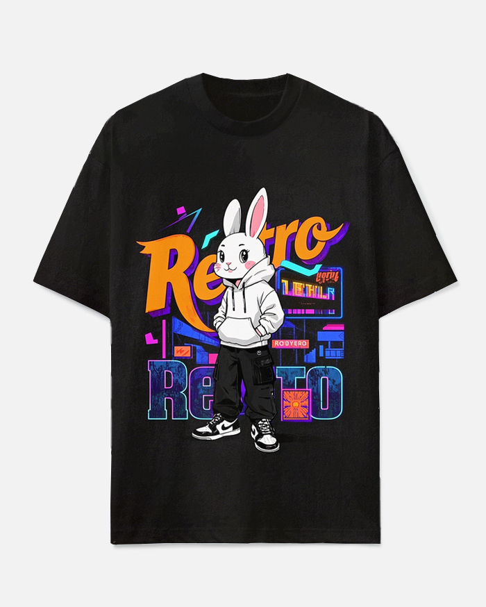 Big Men's Cartoon Hoodie Rabbit Nylon RETRO  Letter Printed Casual Short Sleeve T-shirt