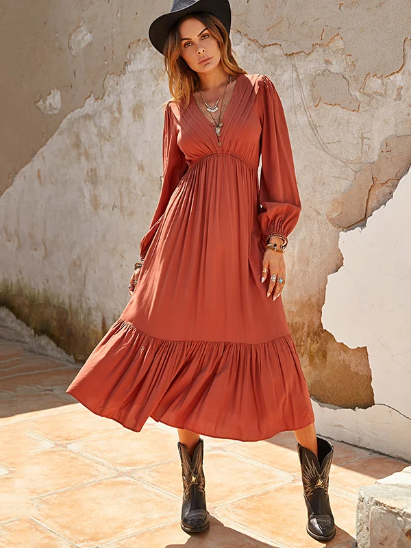 Vacation Puff Sleeves A-Line Solid Color Deep V-Neck Midi Dresses
