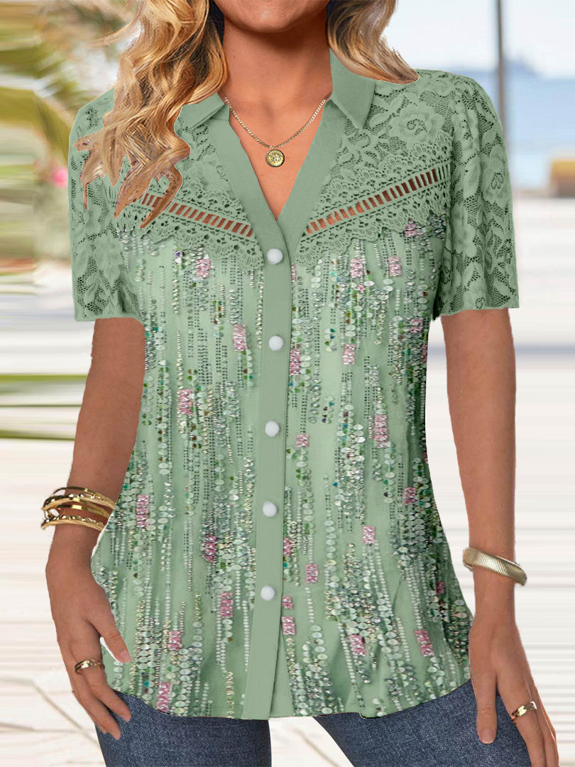 Women's Short Sleeve V-neck Graphic Printed Lace Stitching Tops