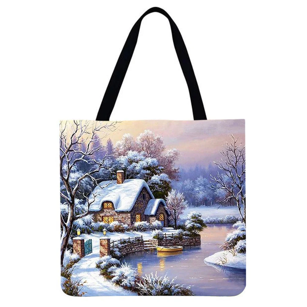 Linen Tote Bag-Snow scene