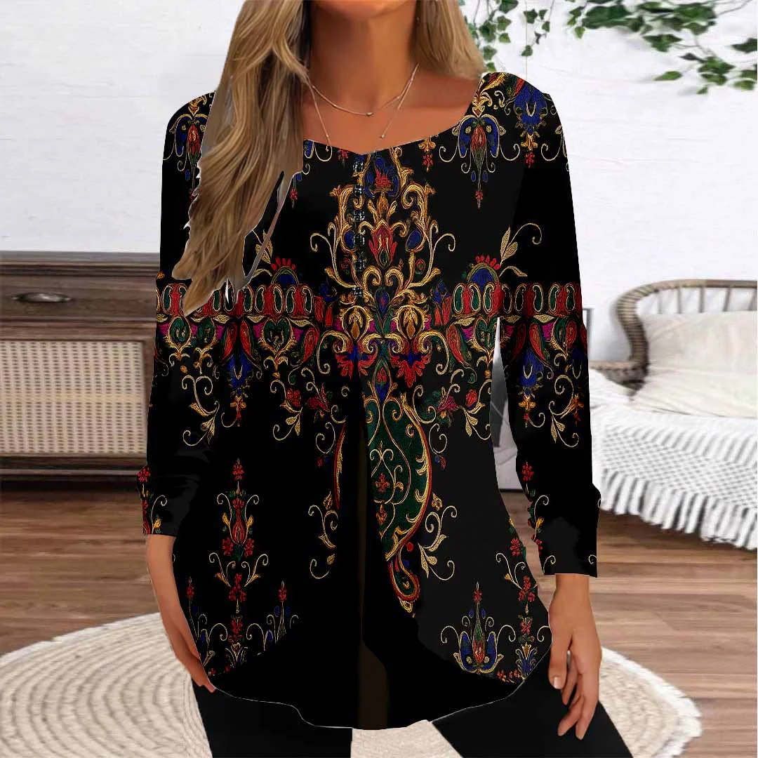 Women Graphic,Black DZGG8289 Long Sleeve Scoop Neck Printed Graphic Button Fake 2in1 Tops
