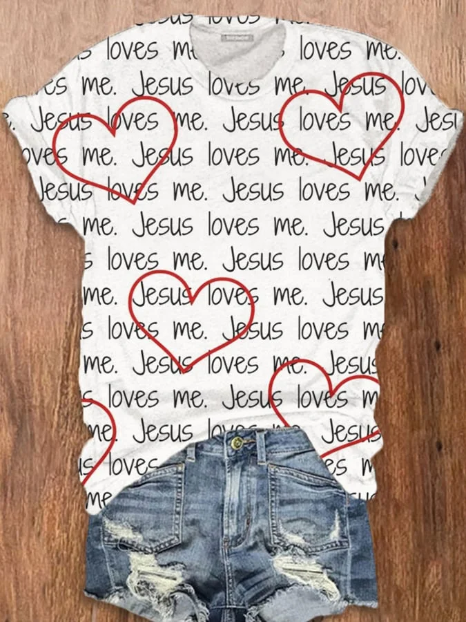 Women's Jesus Loves Me Print Crewneck T-Shirt socialshop