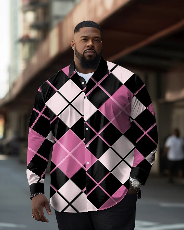 Men's Plus Size Black Pink Diamond Plaid Color Matching Long Sleeve Lapel Long Sleeve Shirts