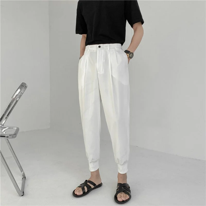 Woherb 2021 New Summer Men's White Suit Pants Korean Stylish Trousers Male Elastic Waist Solid Tapered Ankle Length Casual Pants Man
