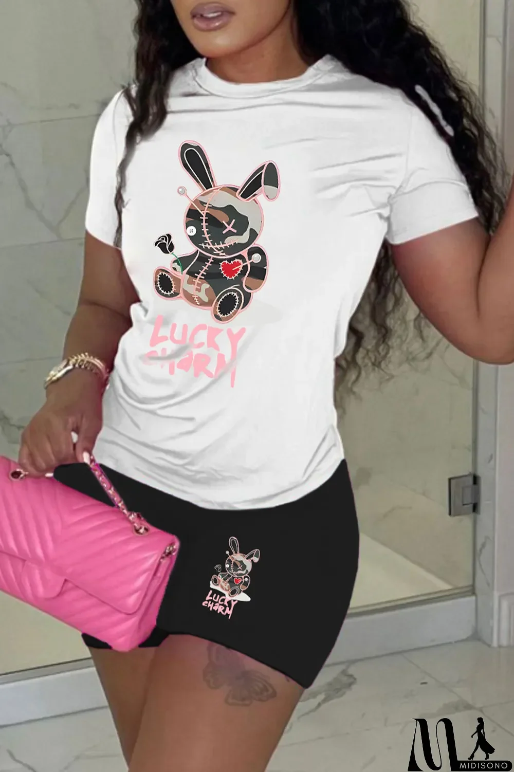 MidiSono - White Black Casual Cute Print Patchwork O Neck Short Sleeve Two Pieces