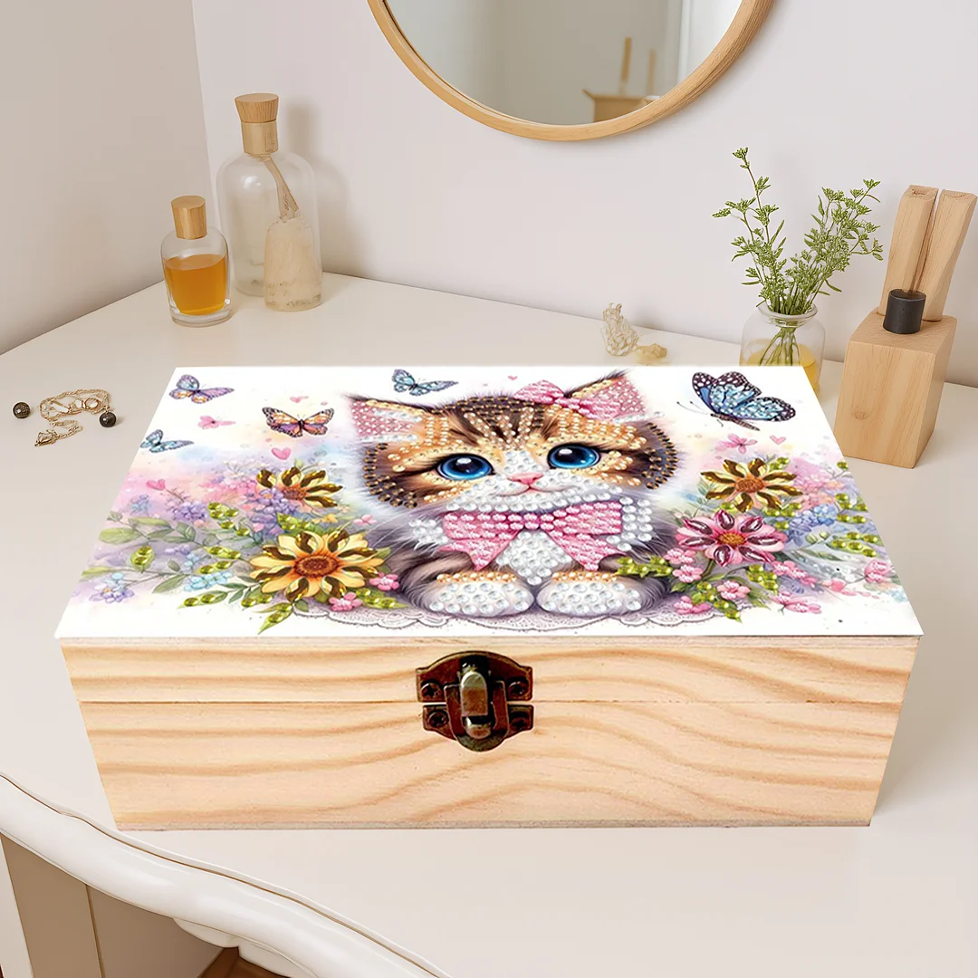5D DIY Diamond Painting Handmade Wood Storage Box for Home Decor Craft (Cat)