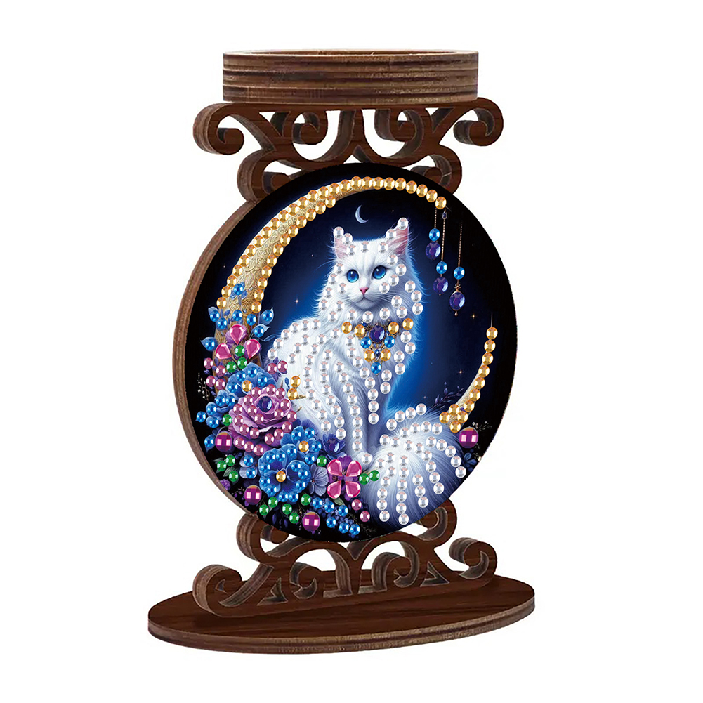 Wooden Diamond Painting Candle Holder Rhinestone Candlestick Decor (Cat)