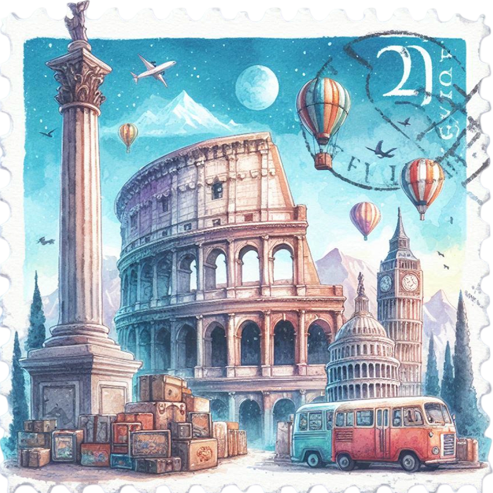 Famous Buildings With Stamp Feeling 30*30cm(canvas) full round drill diamond painting