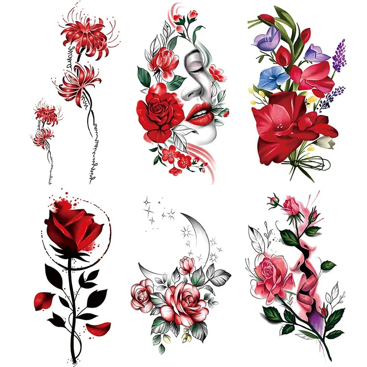 6 Sheets Woman Flower Watercolor Temporary Tattoo Sticker
