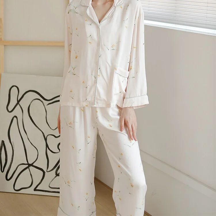 2 Piece Set Women's Pajamas Sleepwear Silk Satin Cardigan Long Sleeve Home Suit Fashion Family Nightwear Clothing Sets