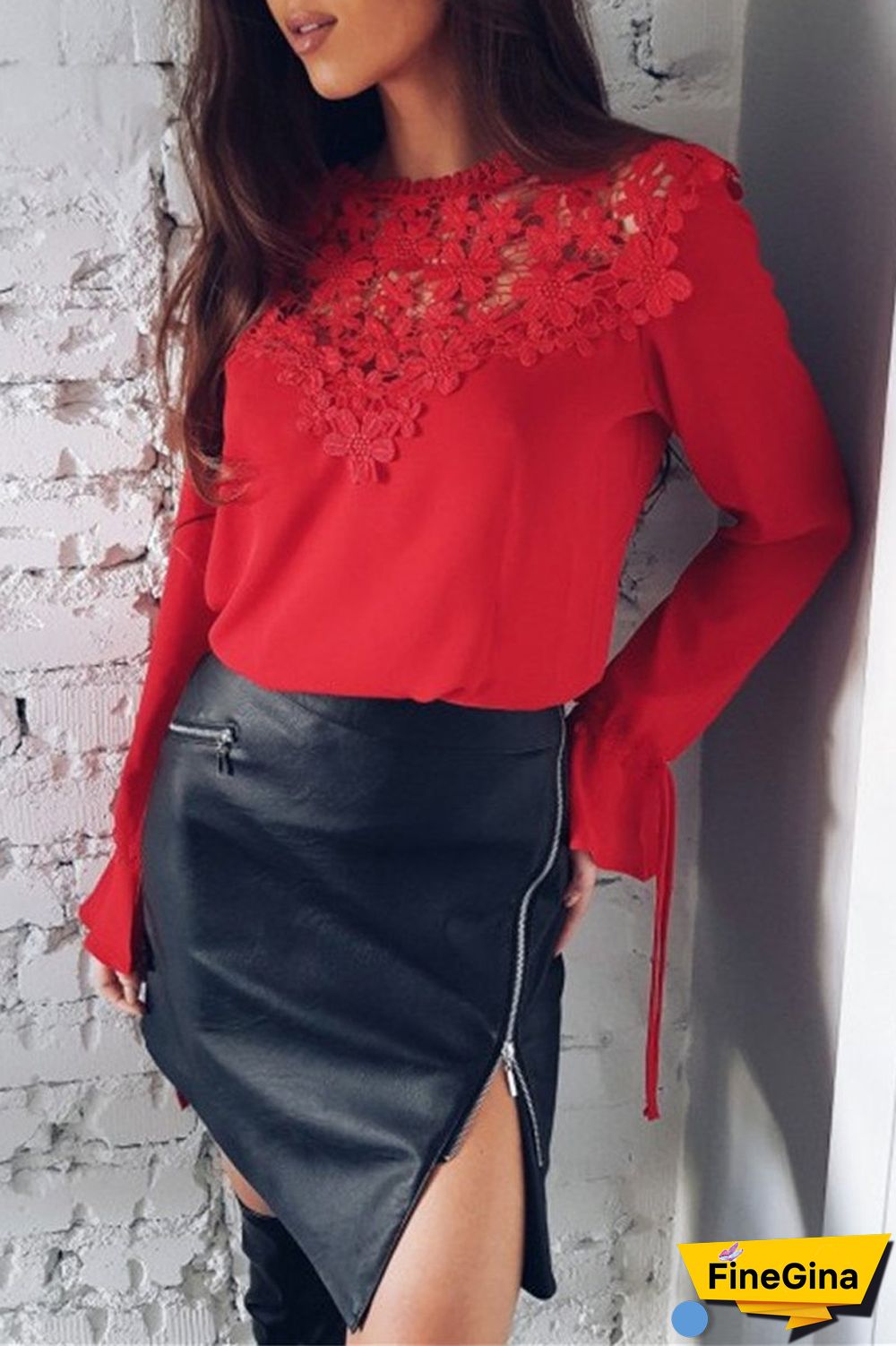 Lace Patchwork Chiffon Solid Blouse