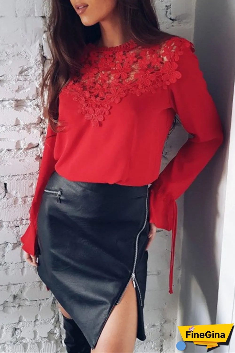 Lace Patchwork Chiffon Solid Blouse
