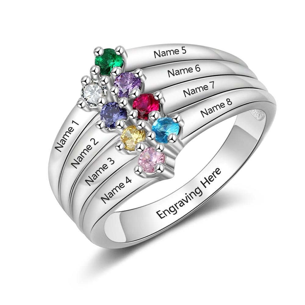 Mothers Birthstone Ring 8 Stones Engraved 8 Names Personalized Custom