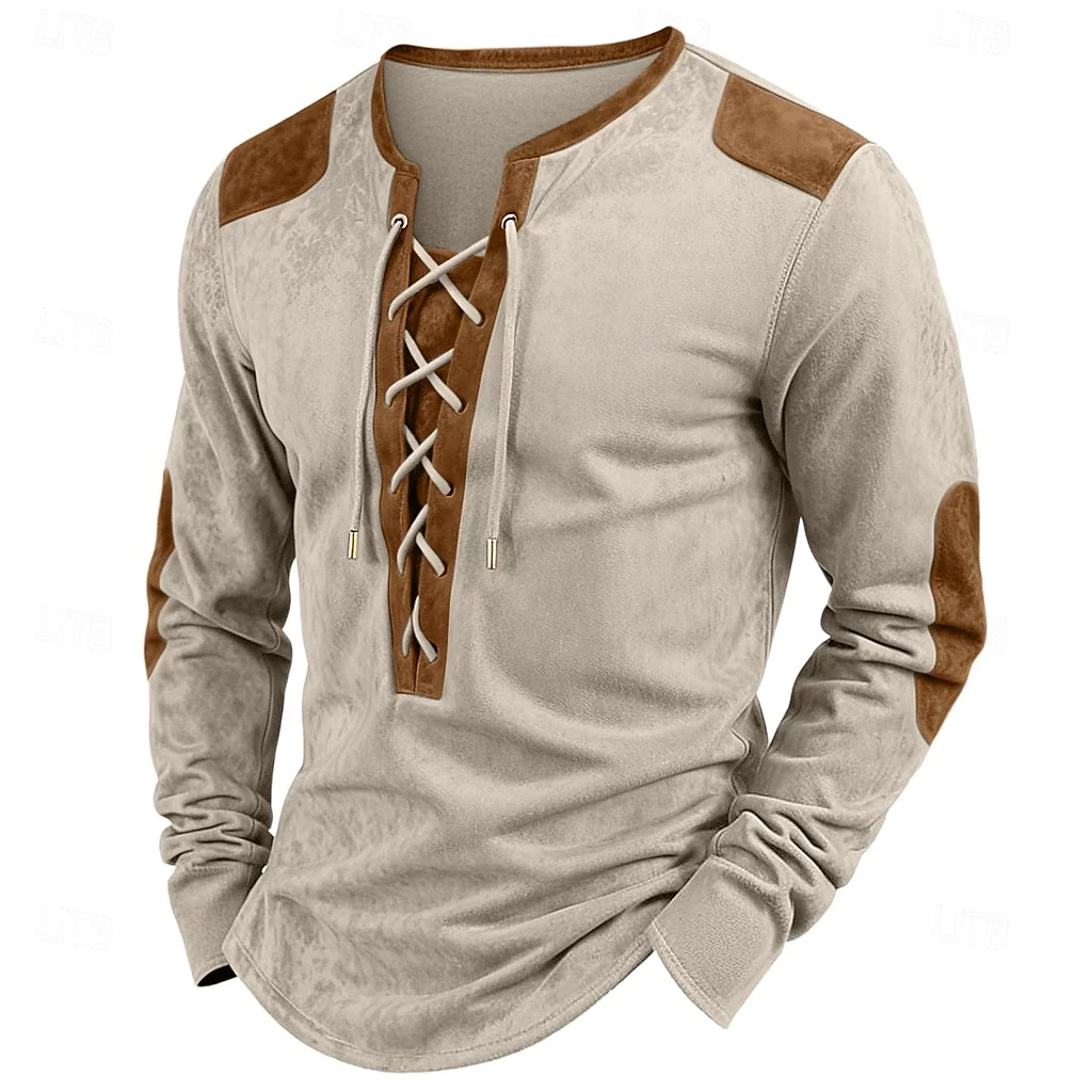 Long Sleeve Men's Faux Suede Patchwork Henley Shirt