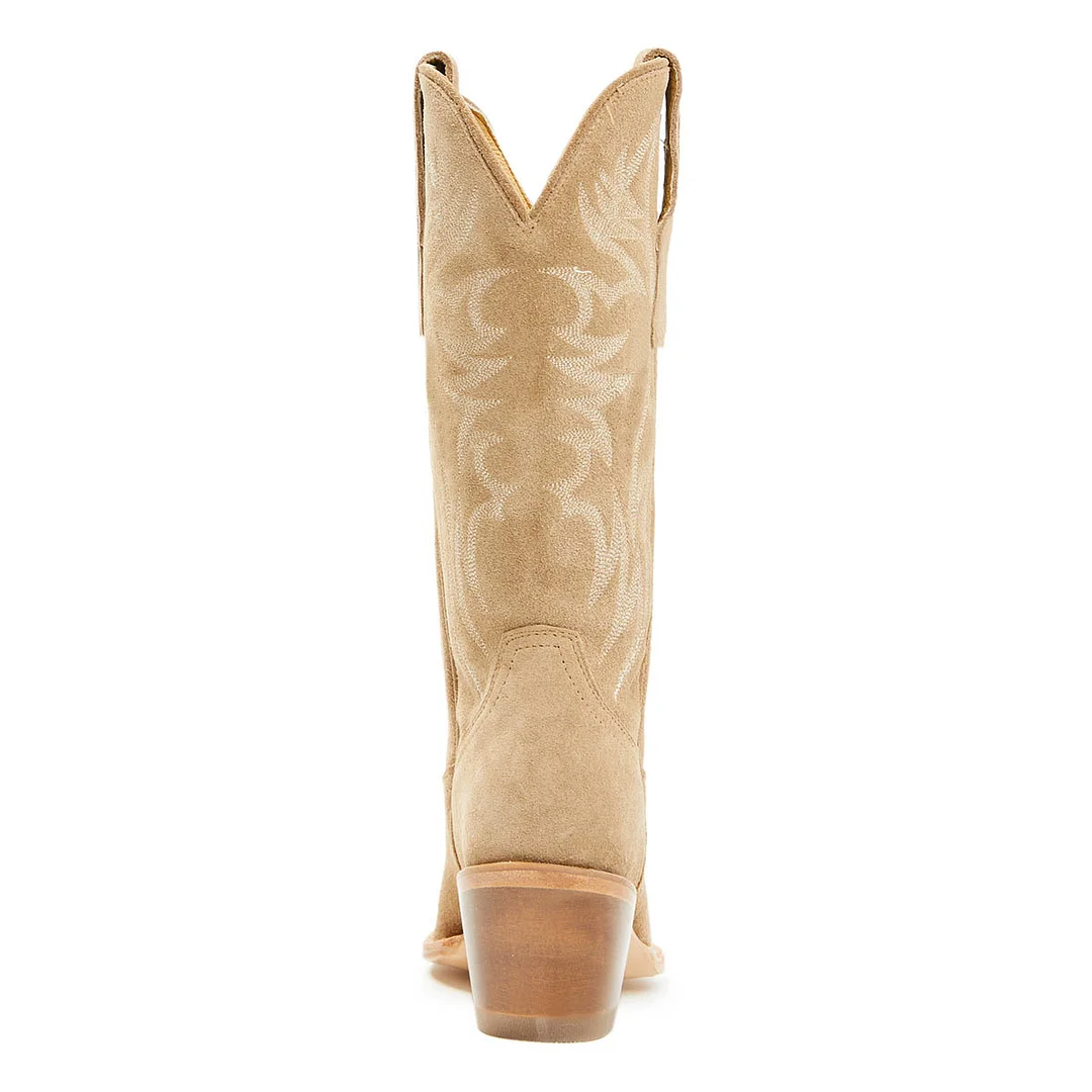 Nude Pointed Toe Embroidered Mid Calf Cowgirl Boots with Chunky Heels