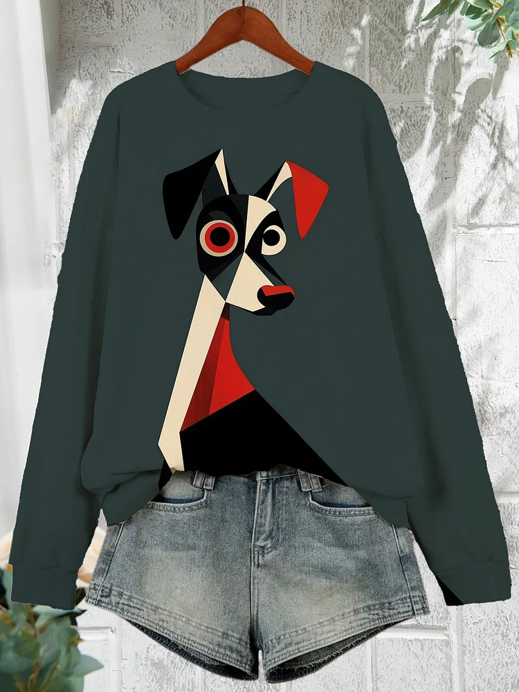 Women's Color Block Dog Art Print Casual Sweatshirt