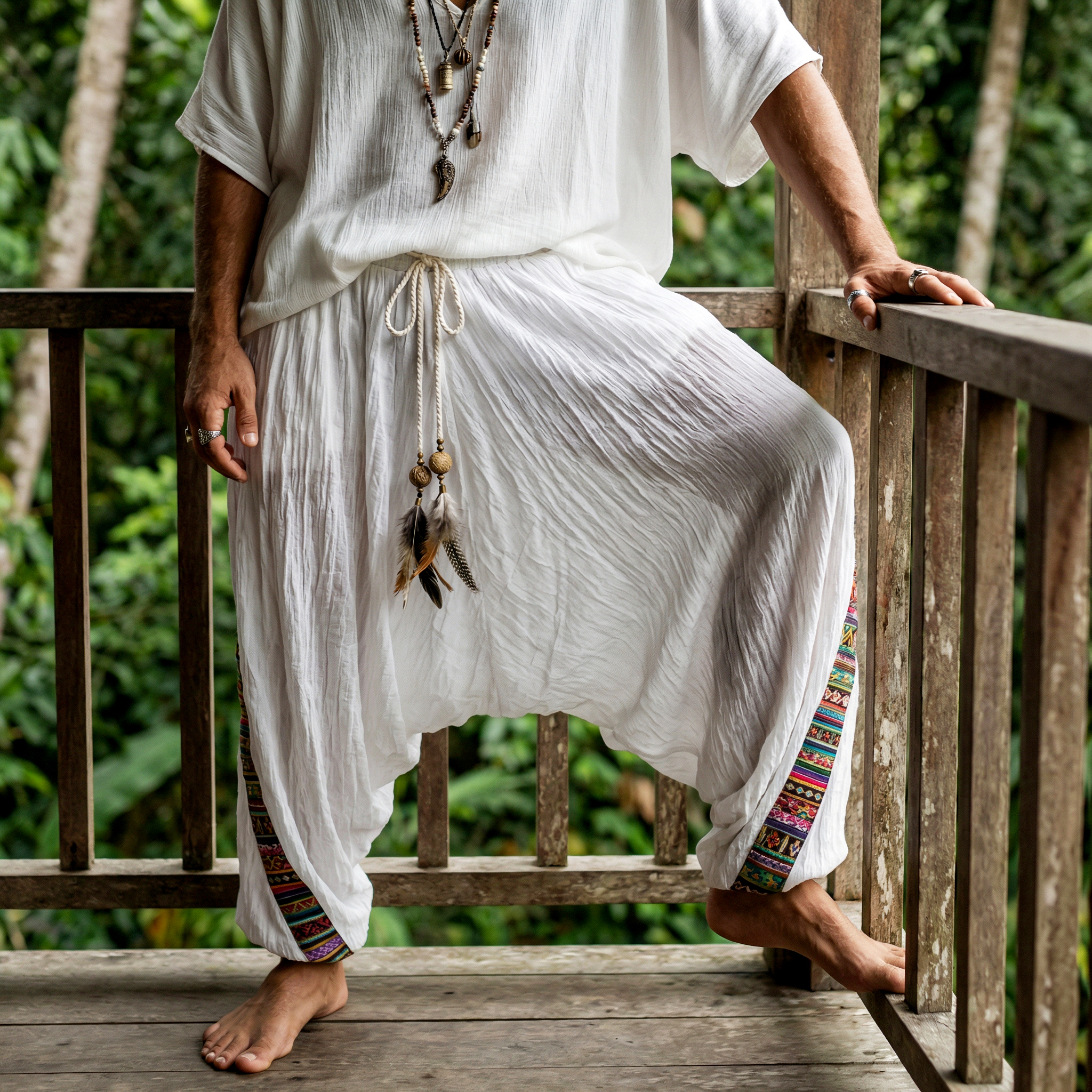 Linen Blend Drape Front Long Sleeve Tunic with Fringe Hem for Men