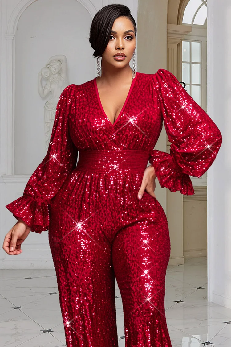 Xpluswear Design Plus Size Christmas Red V Neck Flare Long Sleeve Ruffle Elegant Sequin Jumpsuits [Pre-Order]