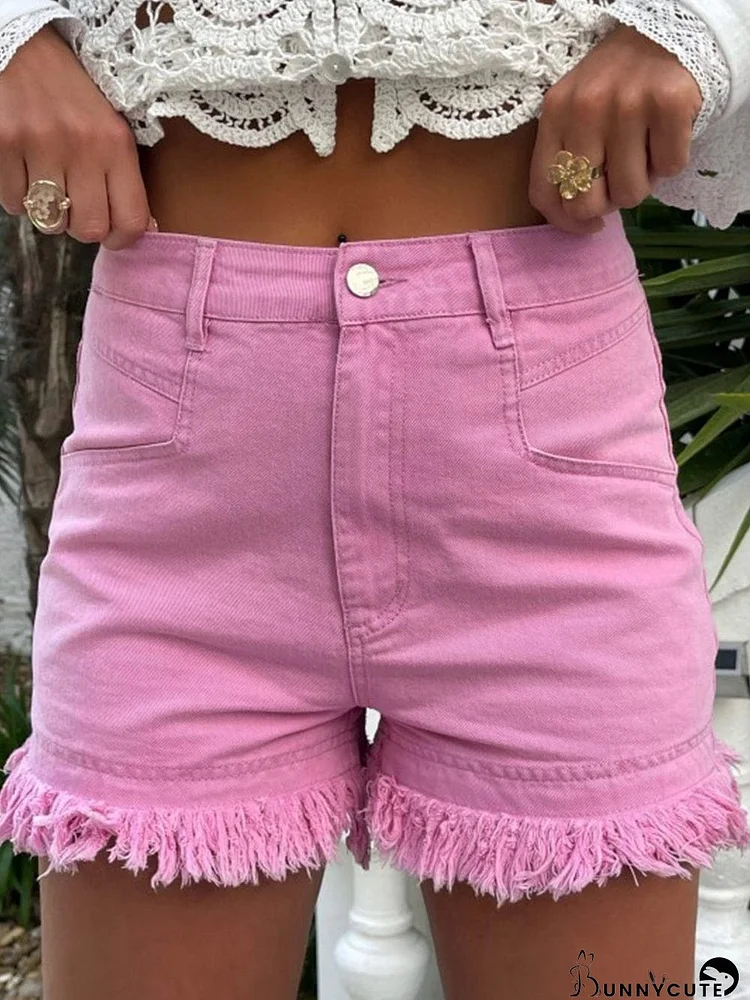 Pink Distressed Hem Mid Rise Denim Shorts