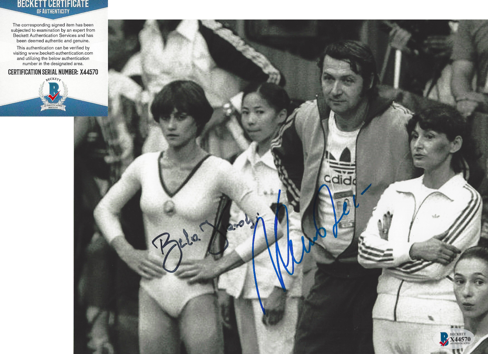 NADIA COMANECI & BELA KAROLYI SIGNED 1976 OLYMPICS 8X10 Photo Poster painting BECKETT BAS COA