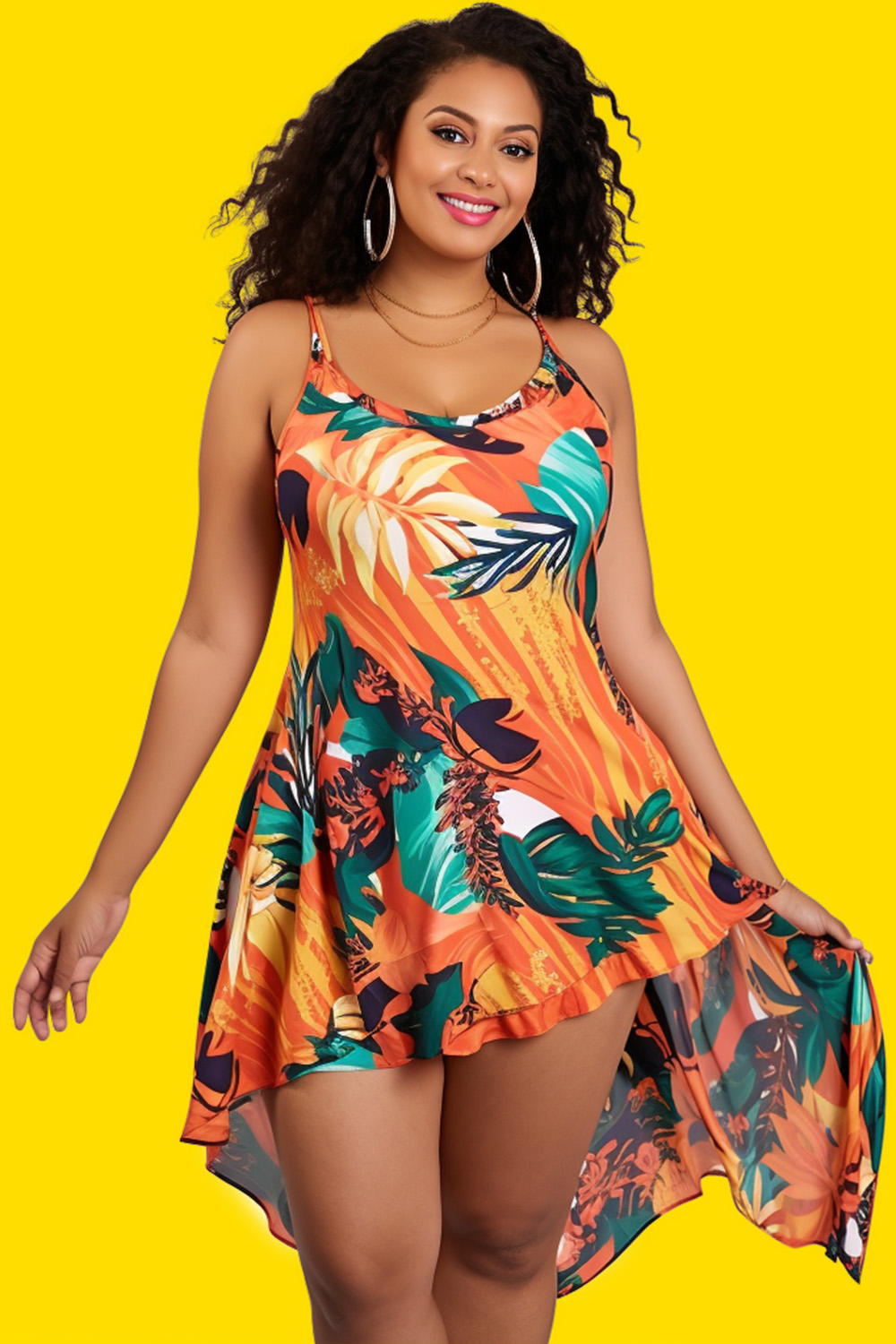 Design Plus Size Beach Orange Floral Irregular Hem Swimsuit Fabric Swimwear Dress [Pre-Order]