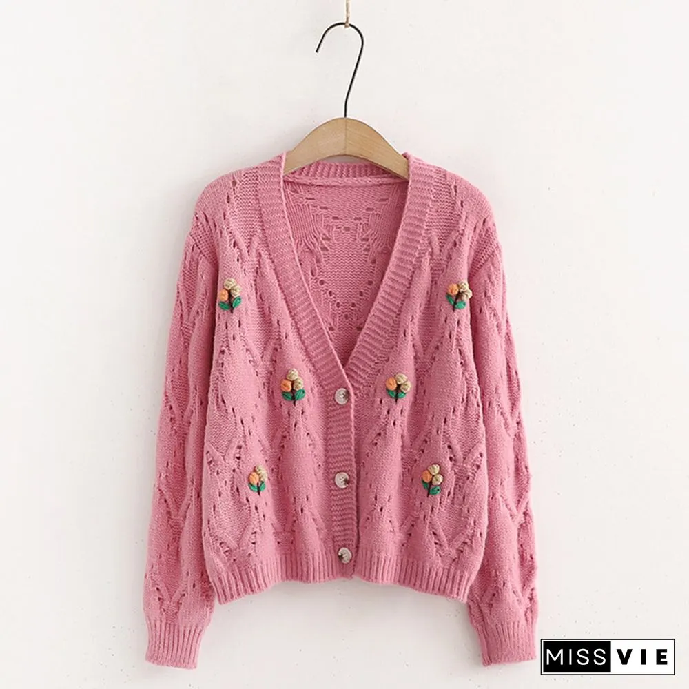 3D Blossom Decor Hollow Out V-neck Cardigan Sweater