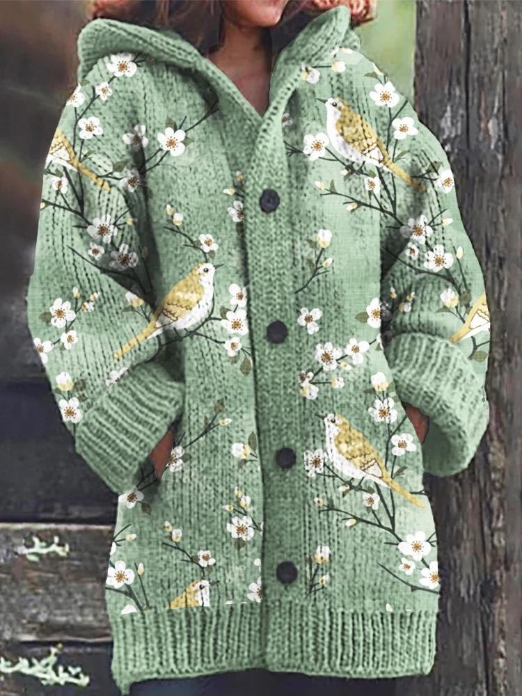 VChics Flower Bird Print Cozy Long Cardigan Sweater