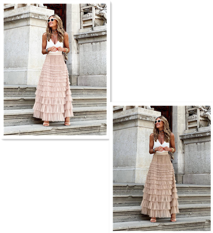 Mature Women Layered Ruffles Cake Skirt Summer Fashion A Line Swing Mesh Long Skirt Party Dress