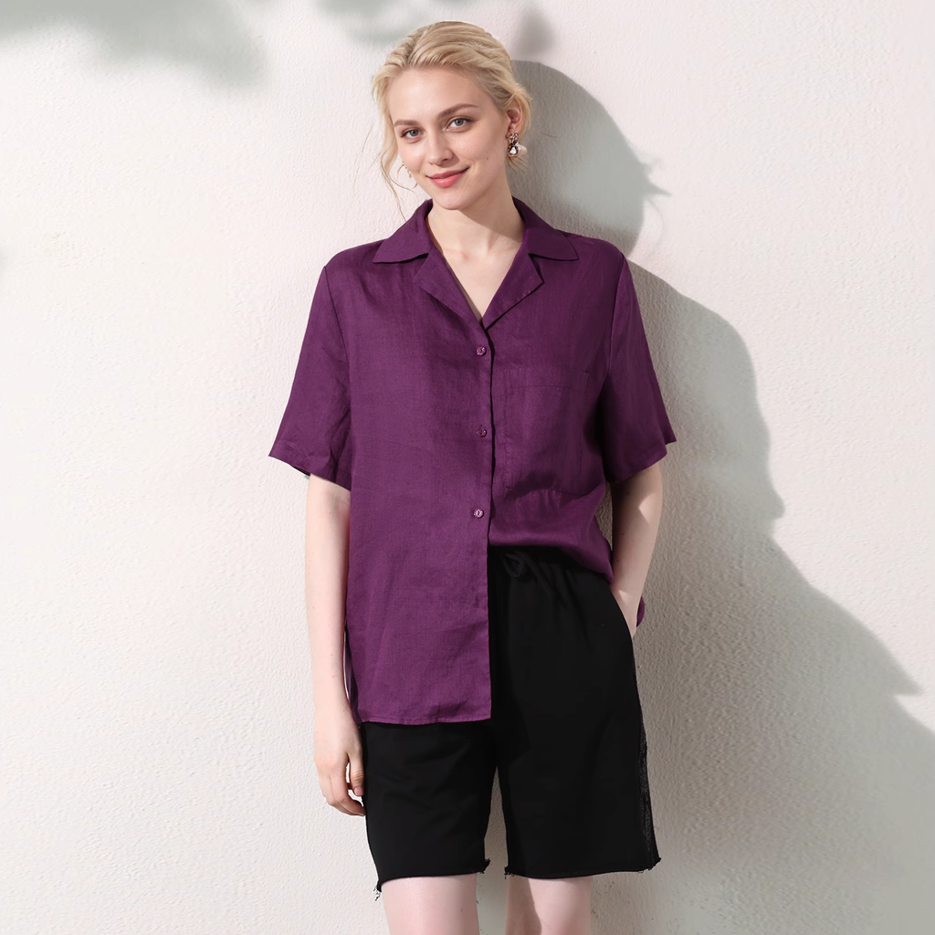 100% European Linen Casual Short-sleeved Shirt Solid Color Loose Lapel REAL SILK LIFE