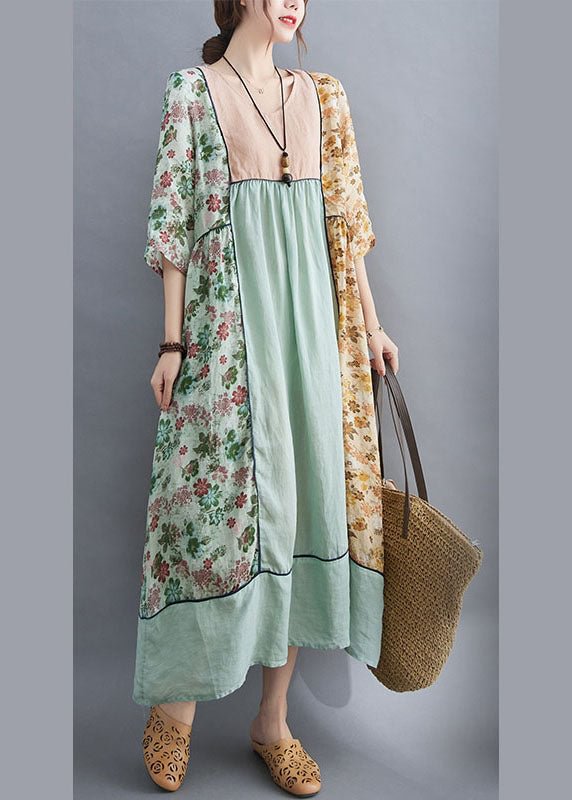 Art Green Patchwork Print Loose Fall Robe Dresses Half Sleeve CK076- Fabulory