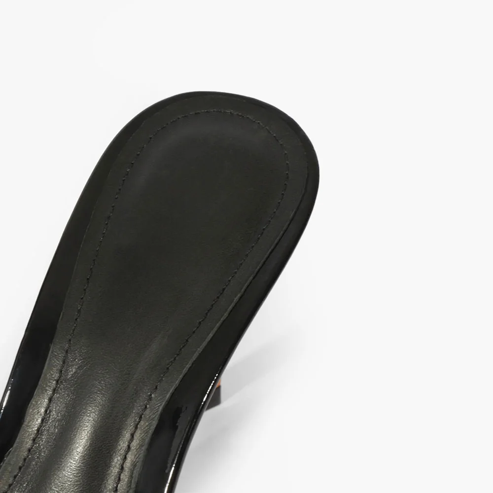Black Patent Leather Open Round Toe Comfortable High Heel Mules