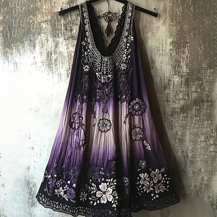 Vintage Tribal Embroidered Floral Lace Patchwork Art Linen Dress