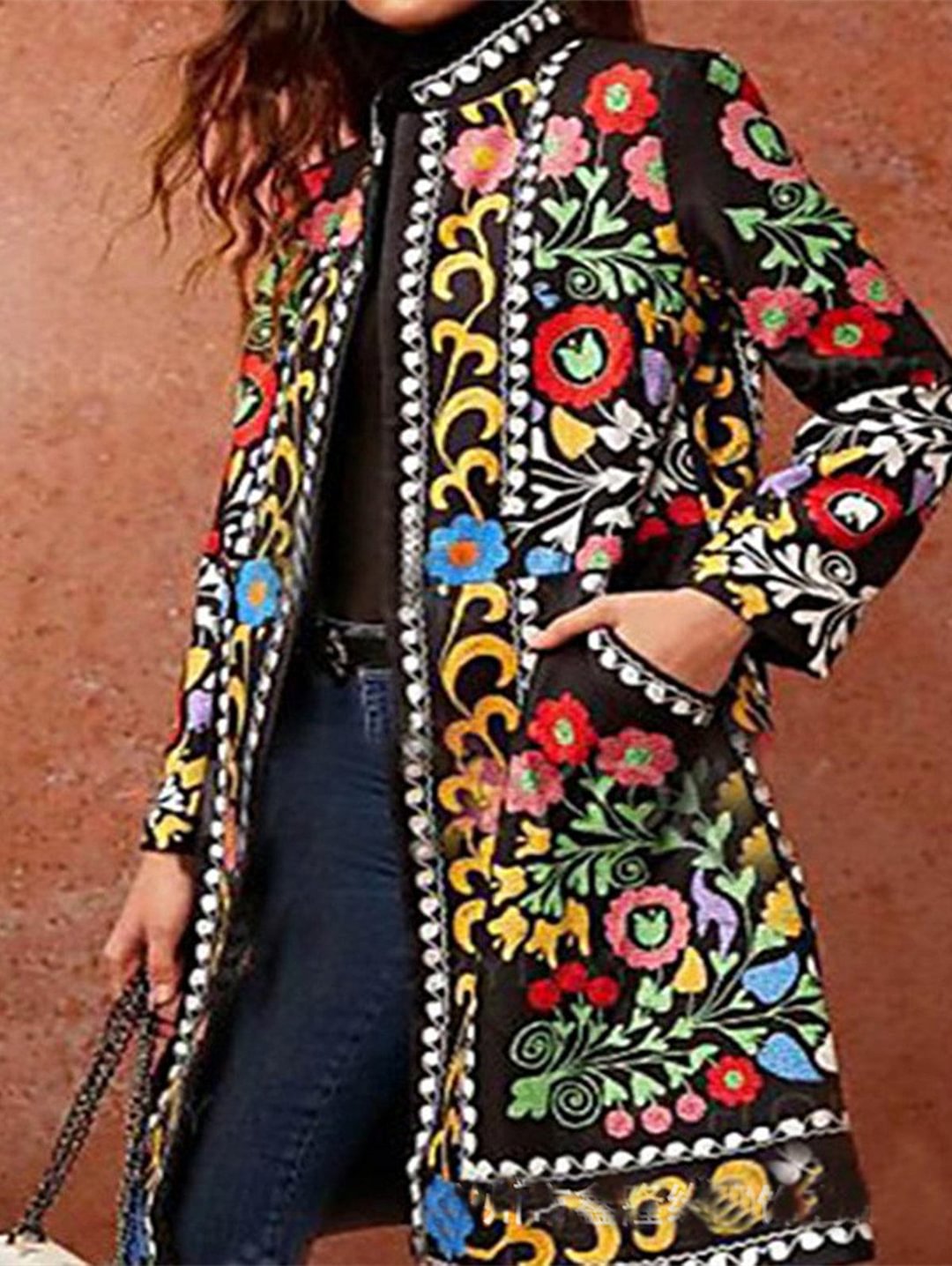 Contrast Trim Floral Pattern Open Front Coat