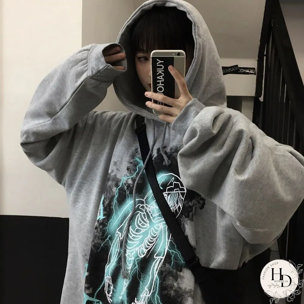 Punk Streetwear Black Printed Hoodies Women Harajuku Hip Hop Oversize Long Sleeve Pullover