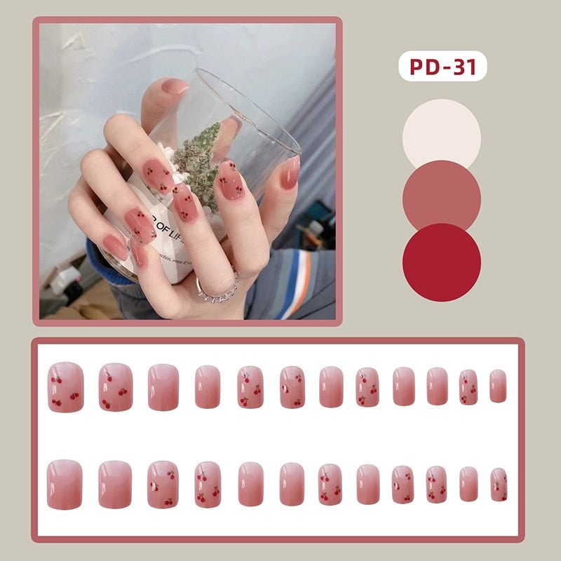 24pcs Fake Nails With Glue Crystal Cherry Short Style Square Head Nail Sticker Finished Artificial Nail Press On Nails Design DL