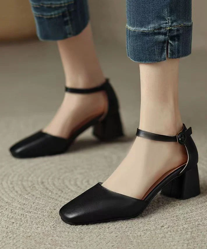 Black Buckle Strap Splicing Plus Size Chunky High Heels