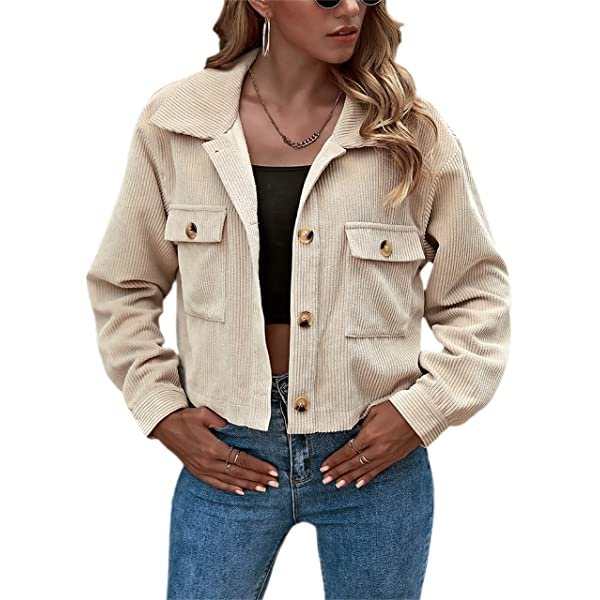 Women's Fashion Retro Cropped Corduroy Shirt Jacket Shackets Apricot
