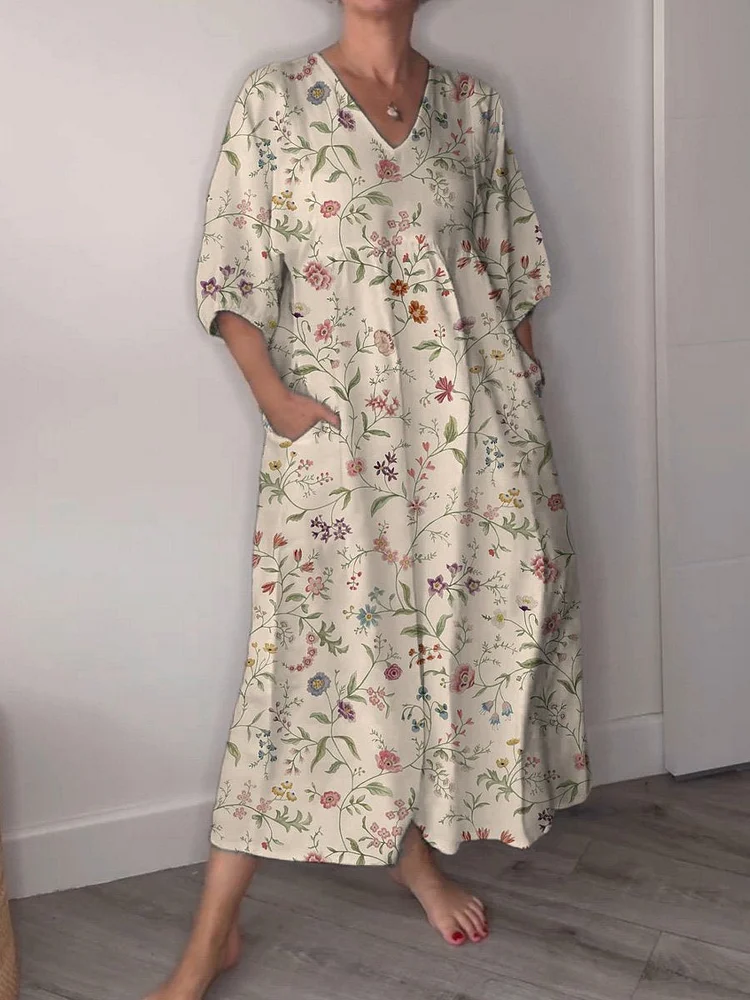 Lovely Retro Floral Pattern Printed Women's Pocket V-Neck Cotton Dress