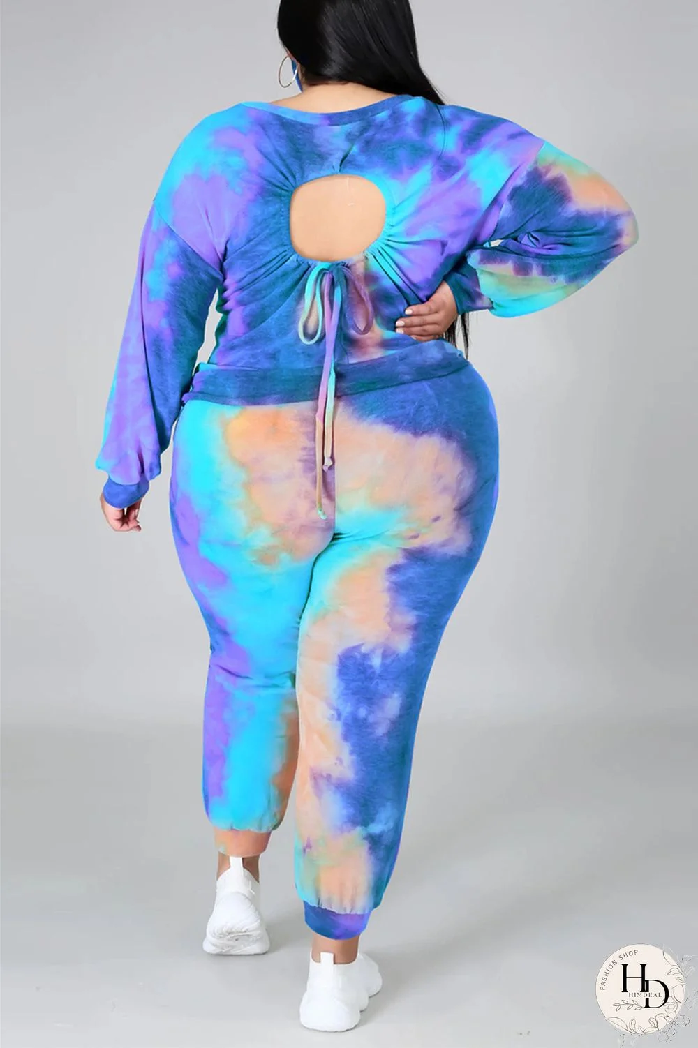 Dark Blue Fashion Casual Print Tie Dye Tie-dye Backless O Neck Plus Size Set