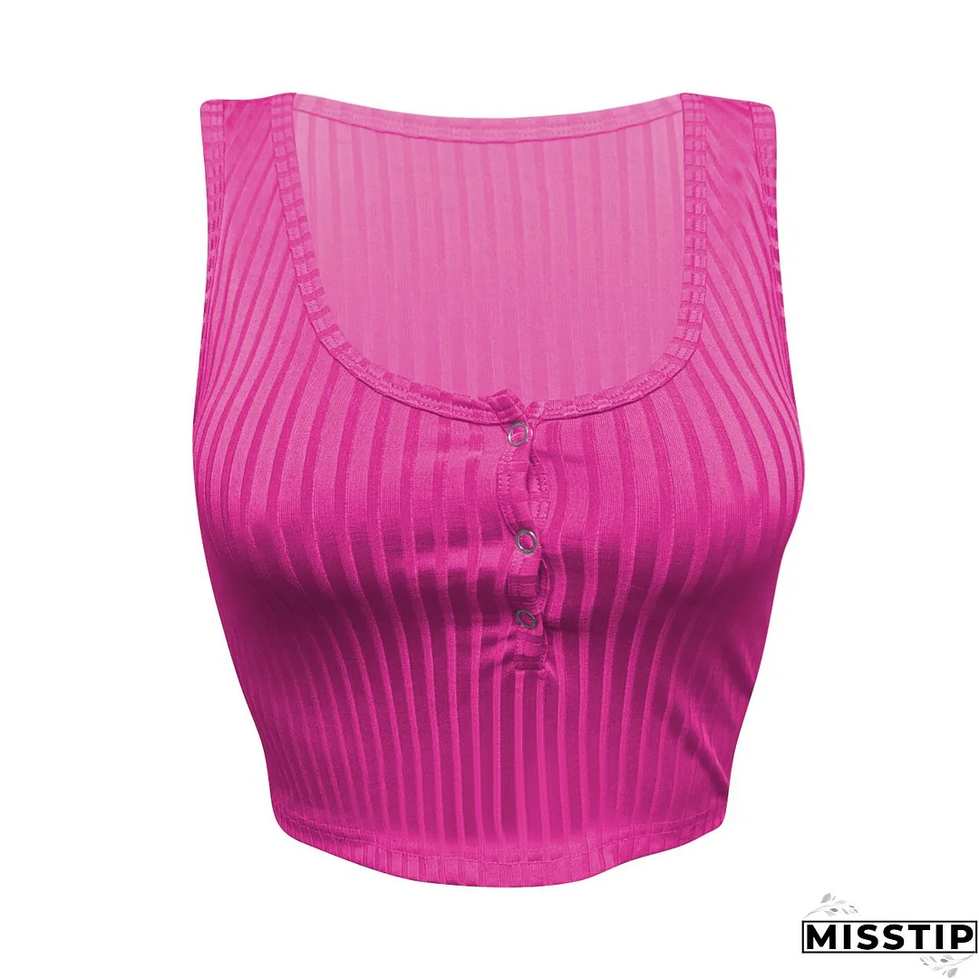 Women's Summer Casual Ribbed Tops Sexy Solid Color  Buttoned Vest