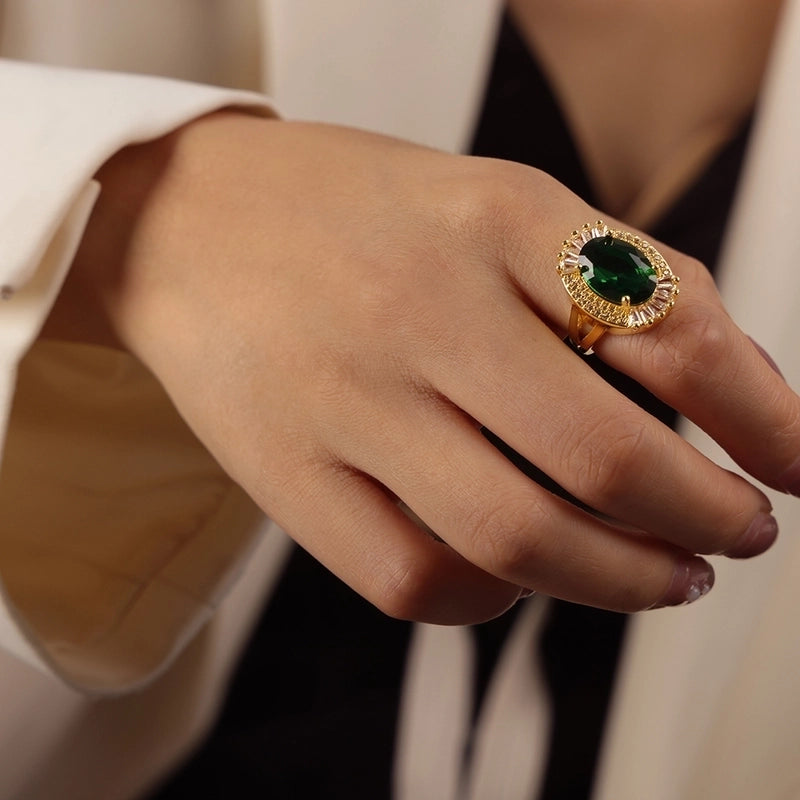 Elegant Minimalist Oval Copper Plating Inlay Zircon 18k Gold Plated Rings